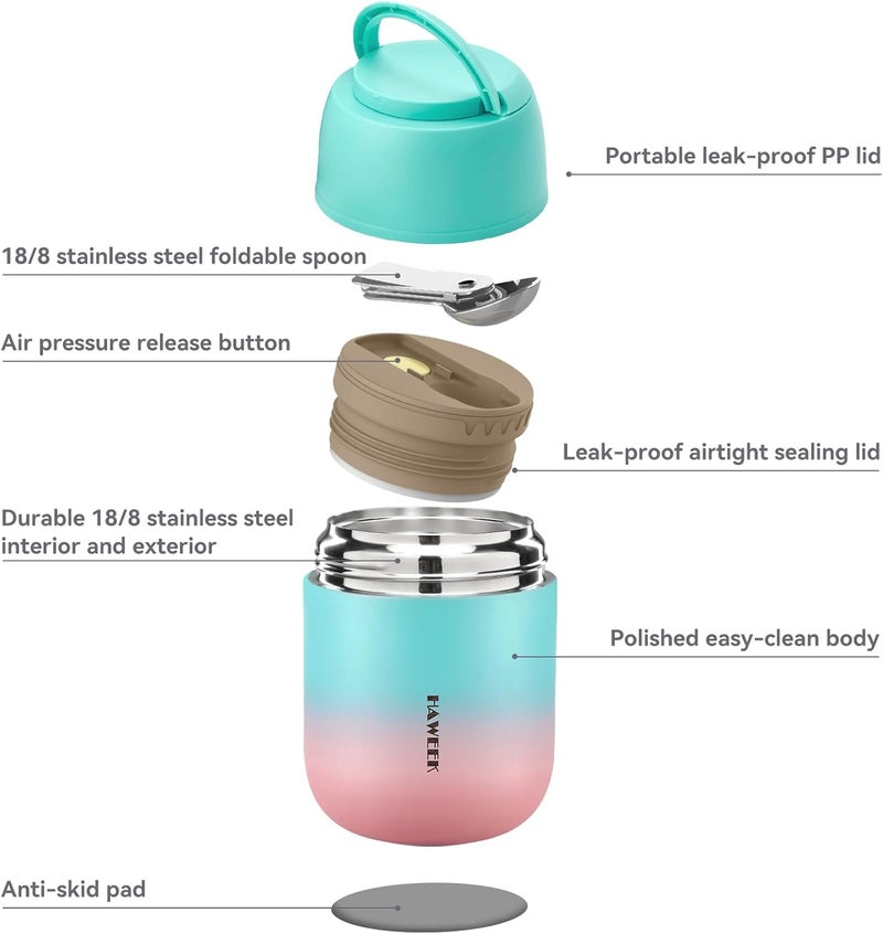 Haweek Insulated Soup Thermo 17oz - Stainless Steel Vacuum Lunch Box for Adults, Kids Leakproof Hot Food Container with Handle Folding Spoon (School Office Outdoor) - Image 2